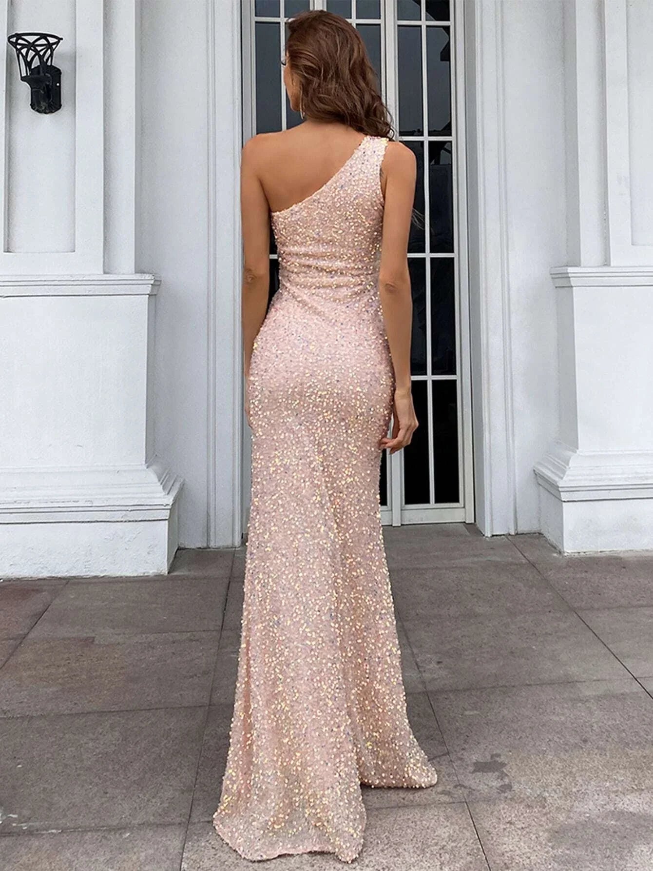 Chic Oblique Shoulder Sequin Dress-Pink