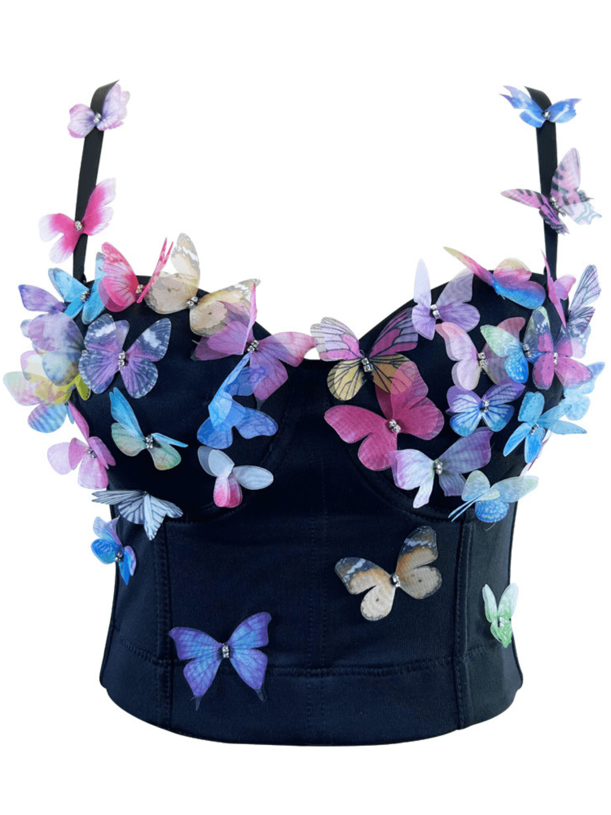 Stunning close-up of the Leroy Butterfly Embellished Top in black.  Intricate butterfly details add a touch of whimsy to this elegant, comfortable, and versatile women's top.