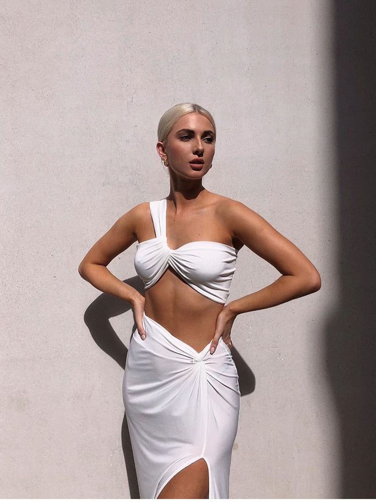 Elastic Tube Top Irregular Twisted Slit High Waist Skirt Suit