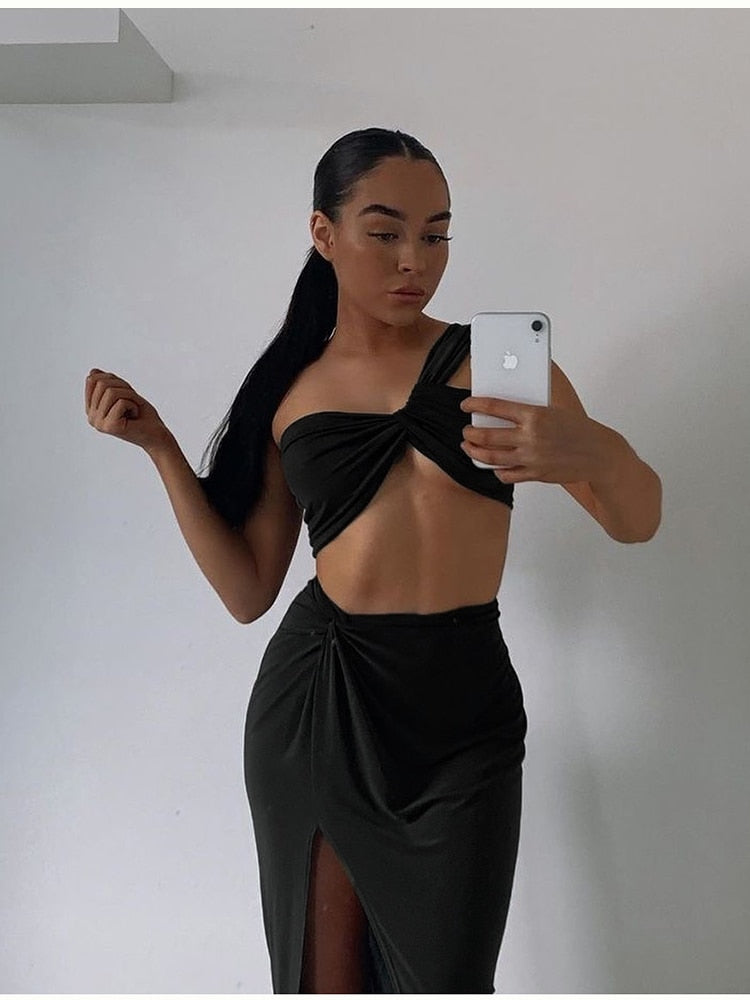 Elastic Tube Top Irregular Twisted Slit High Waist Skirt Suit