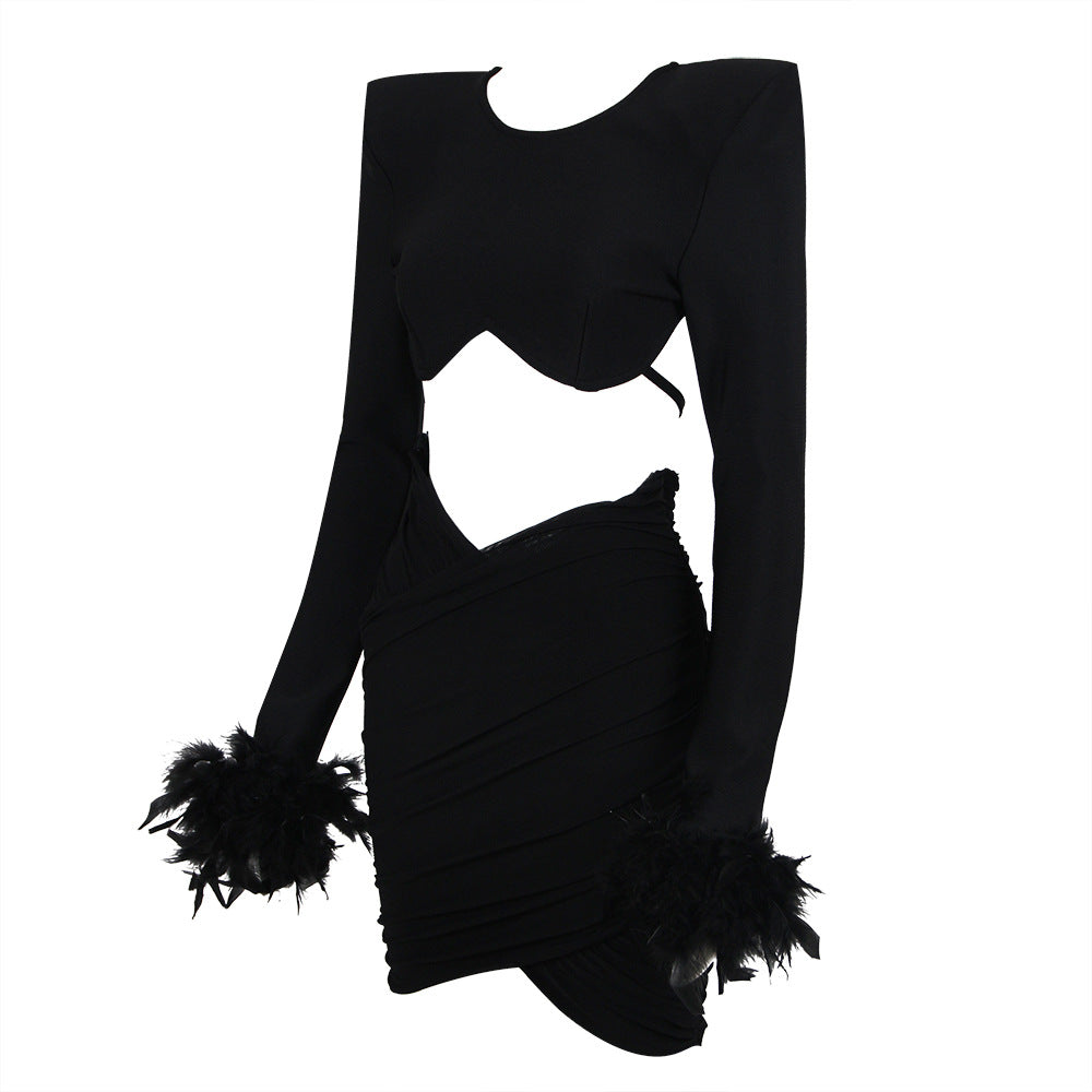 Open-back Feather Long-sleeved Merry  Dress
