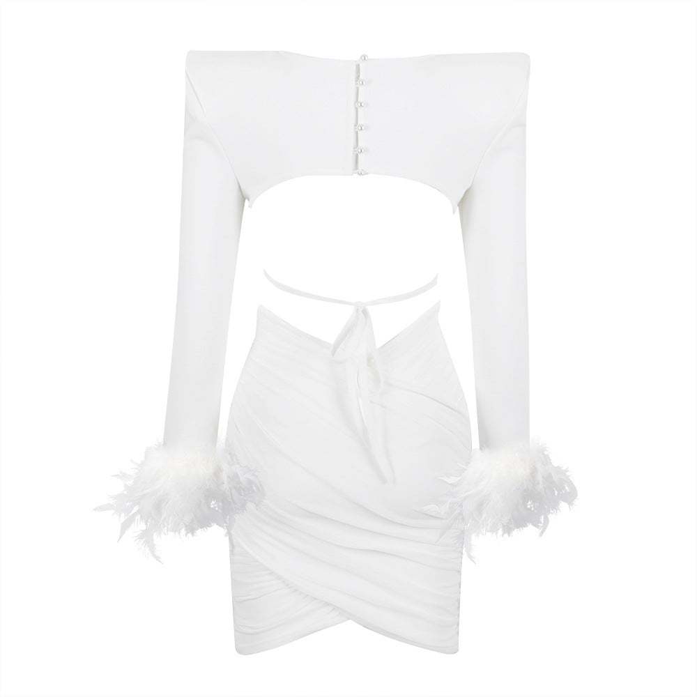 Open-back Feather Long-sleeved Merry  Dress