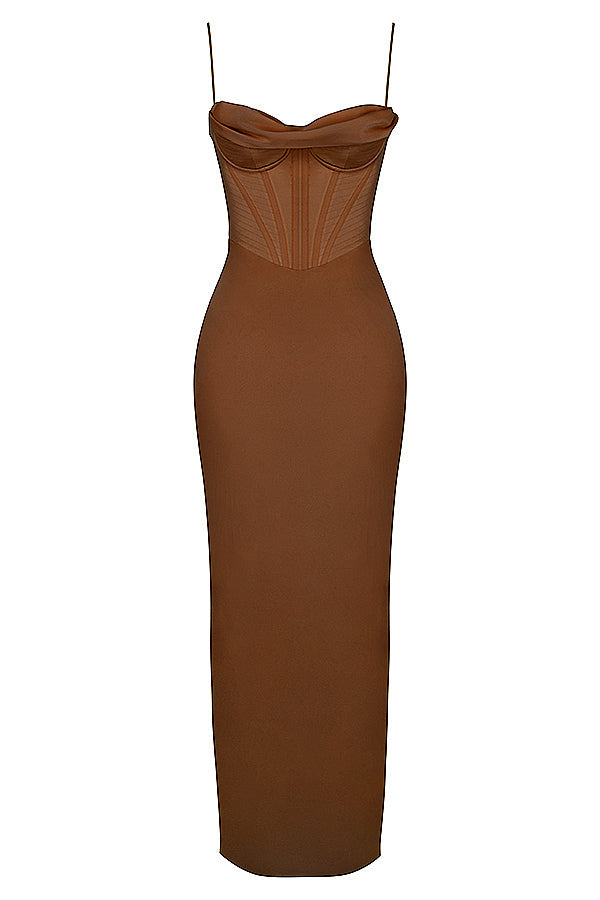 Elegant Corset Maxi Dress-Brown