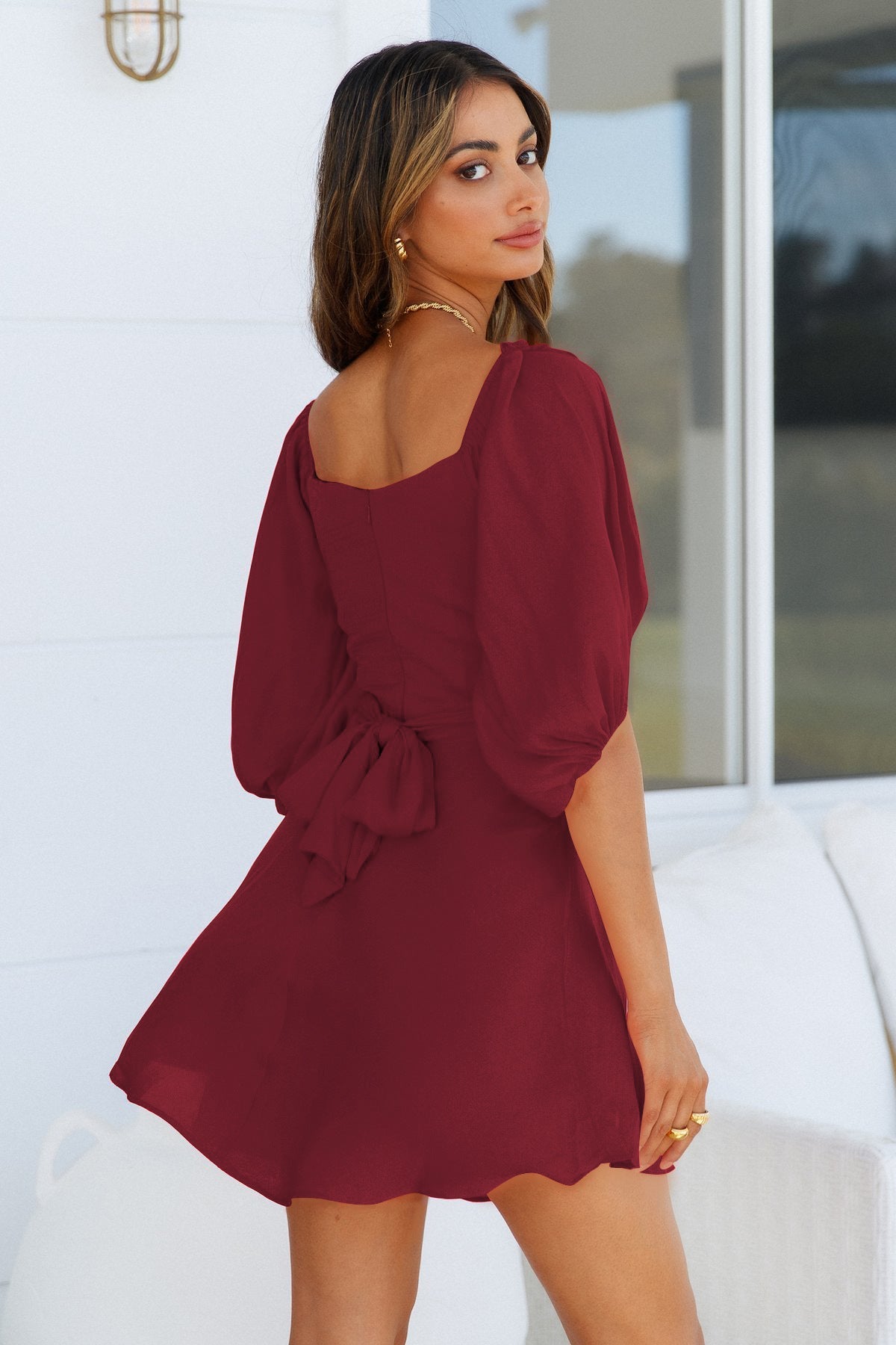 Feminine One Line Collar Lantern Sleeve Dress
