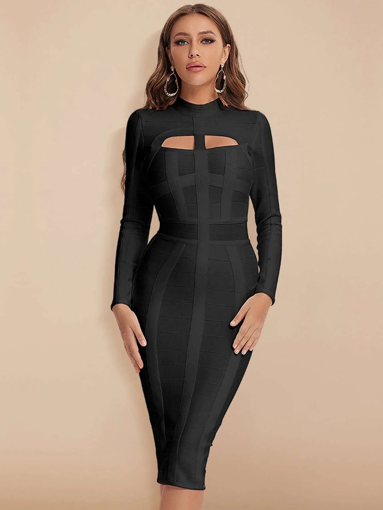 Cut-Out Long Sleeves Party Bandage Clubwear Midi Dress