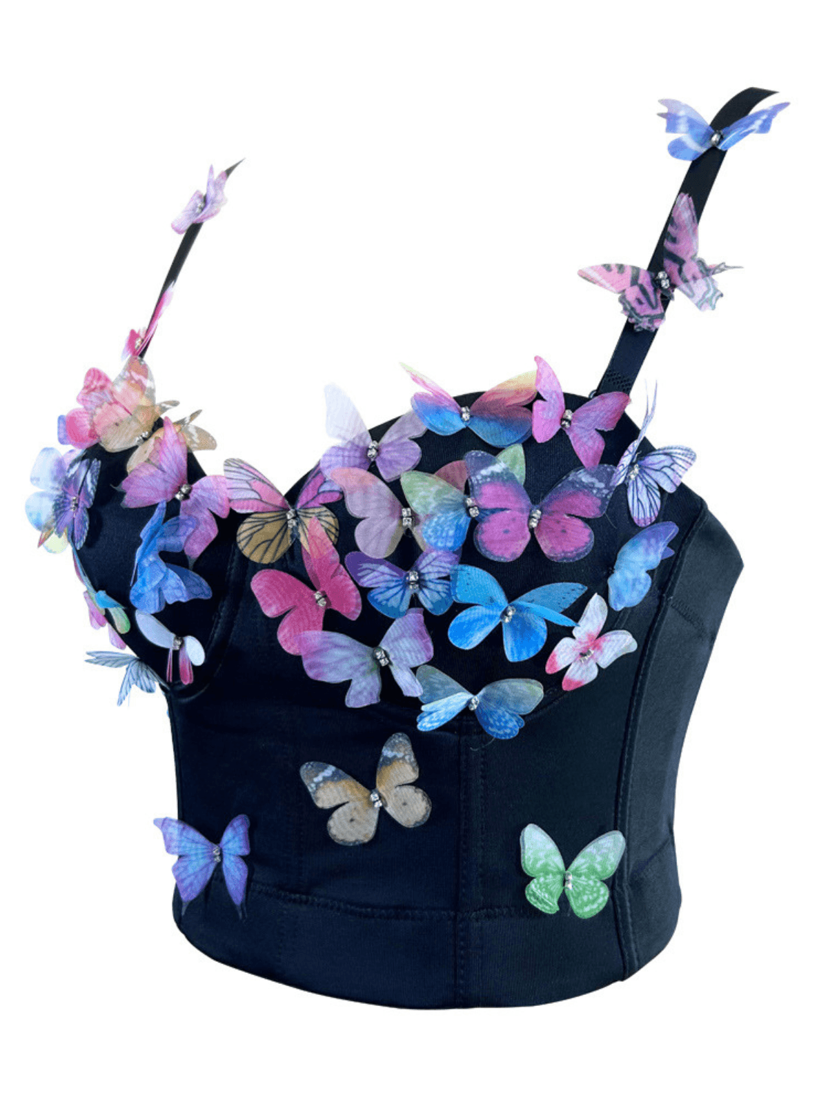 Stunning close-up of the Leroy Butterfly Embellished Top in black.  Intricate butterfly details add a touch of whimsy to this elegant, comfortable, and versatile women's top.