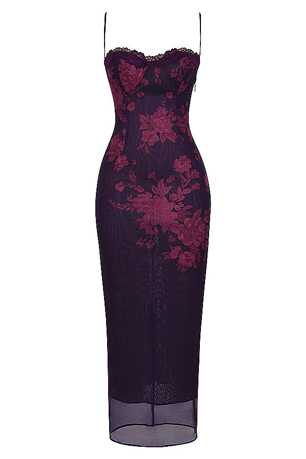 Floral Mesh Hem Gown Fishtail Slip Maxi Dress