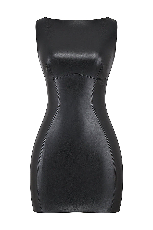 Preyu Black Vegan Leather Mini Dress