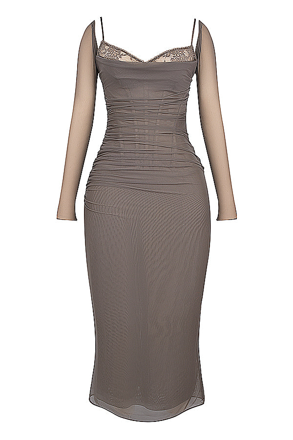 Mesh Stitching Lace Mid-length Dress-Pink