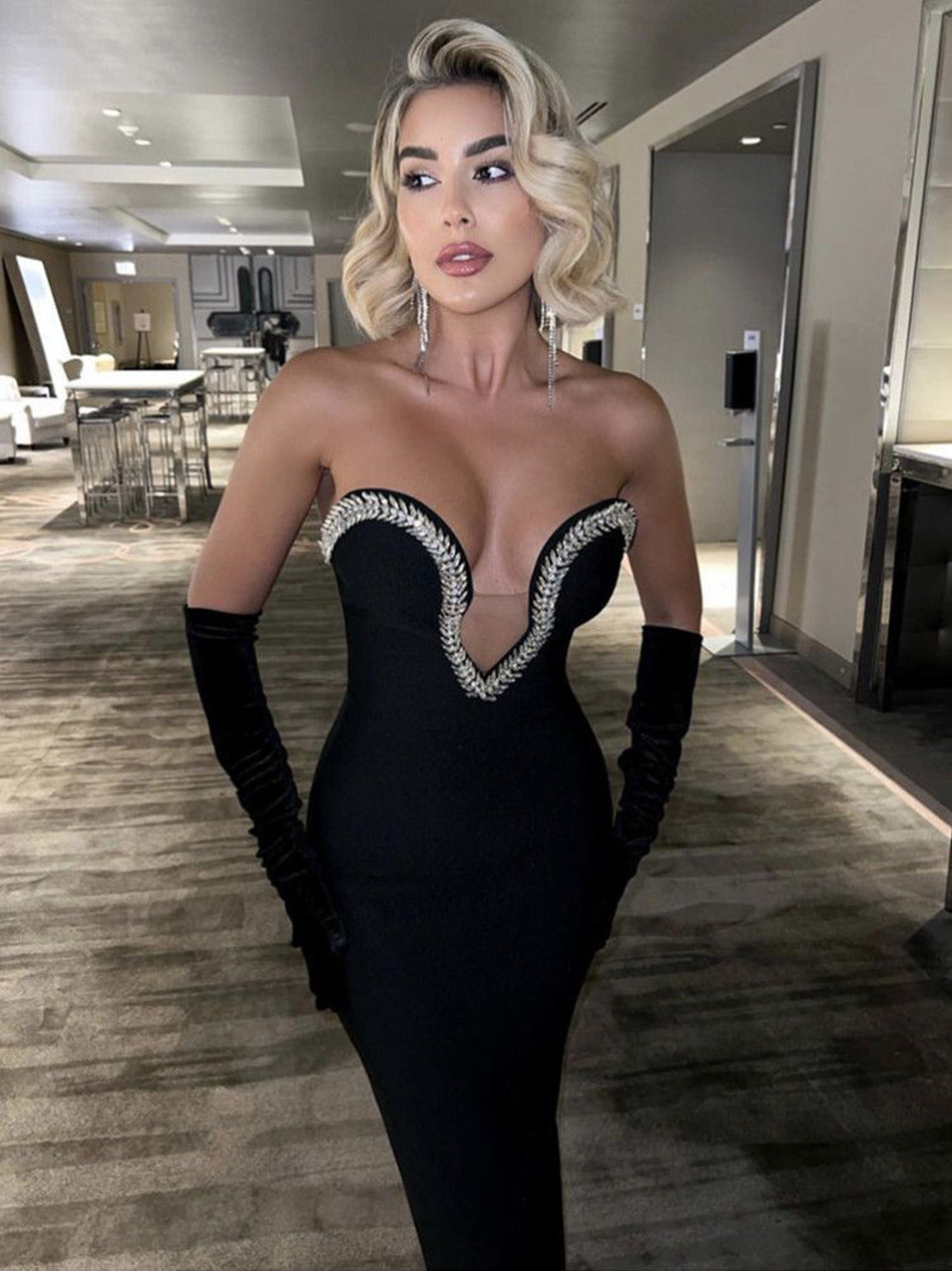 Chic Strapless V-Neck Midi Party Wear