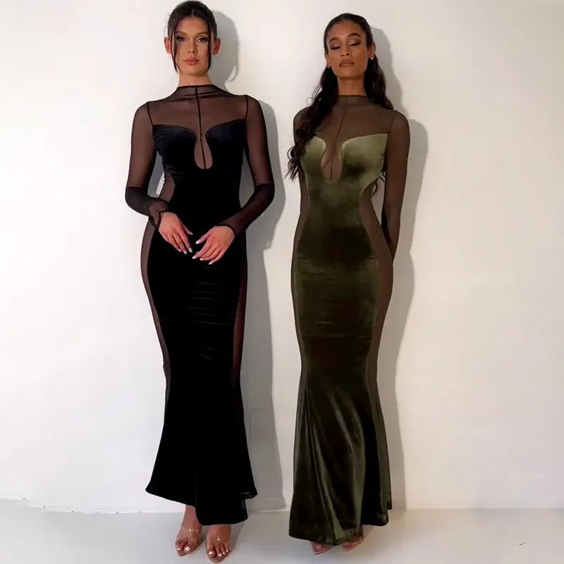 Velvet Mesh Splicing Long-sleeved Dress