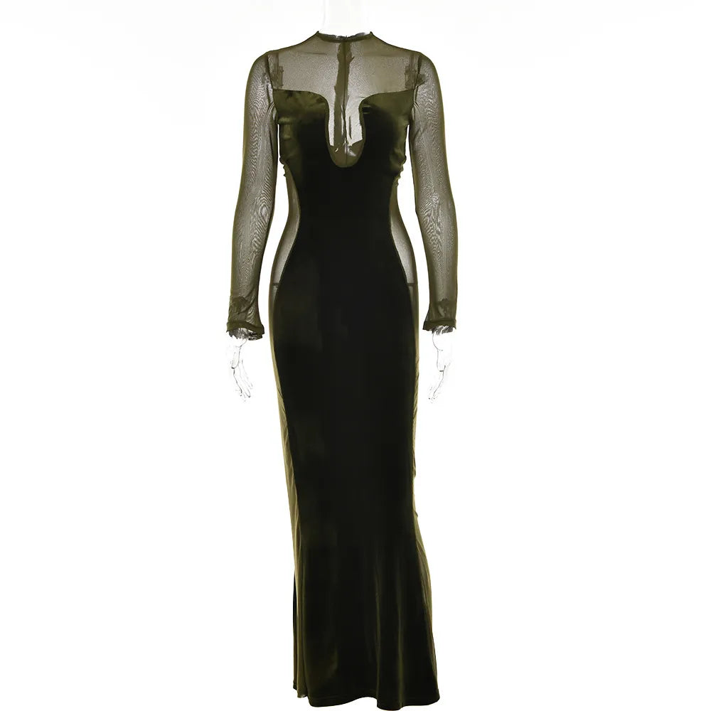 Velvet Mesh Splicing Long-sleeved Dress