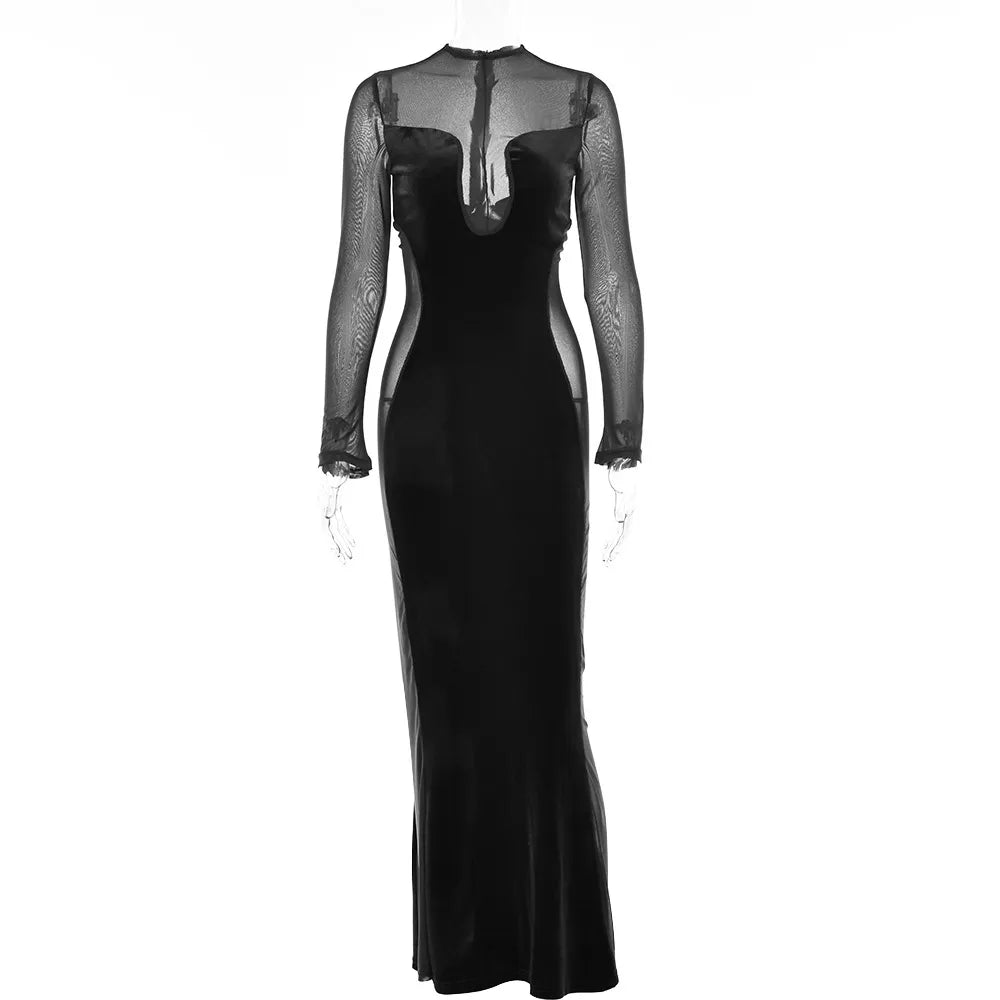 Velvet Mesh Splicing Long-sleeved Dress