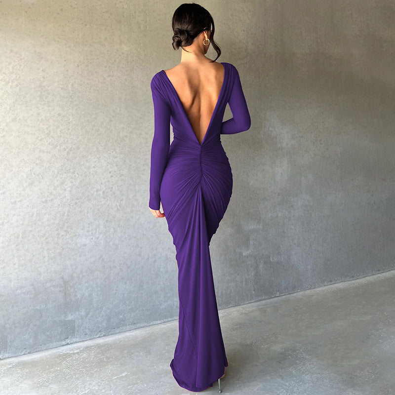 V-neck Slim Fit Pleated Long Sleeve Dress