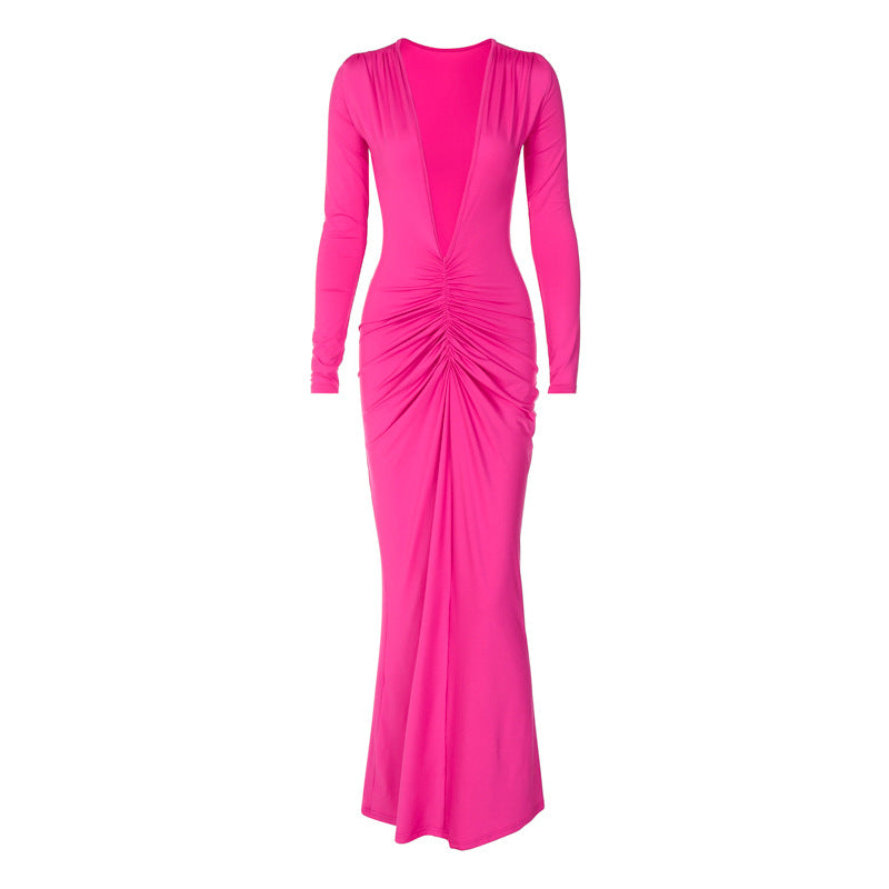 V-neck Slim Fit Pleated Long Sleeve Dress