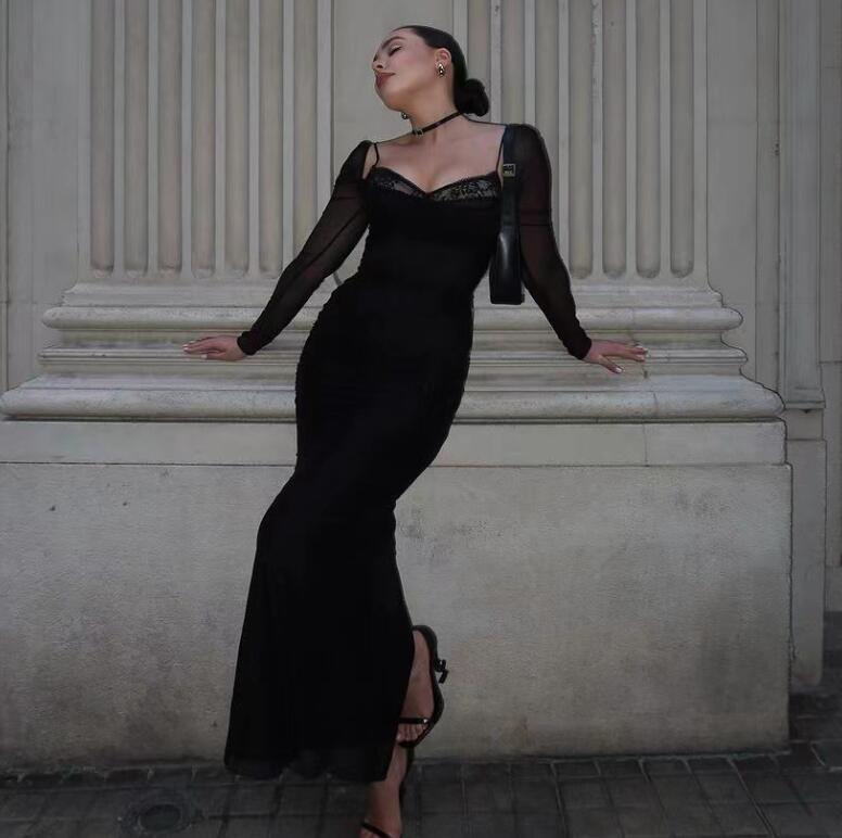 Dark Black Fishbone Braces Long Sleeve Tight Dress
