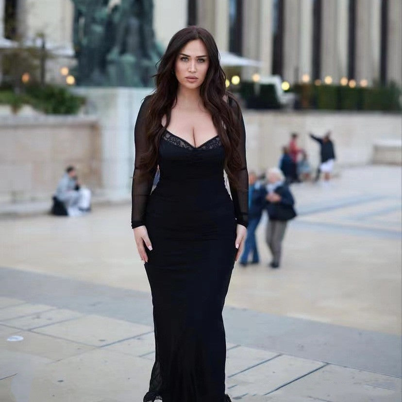 Mesh Stitching Lace Mid-length Dress-Black
