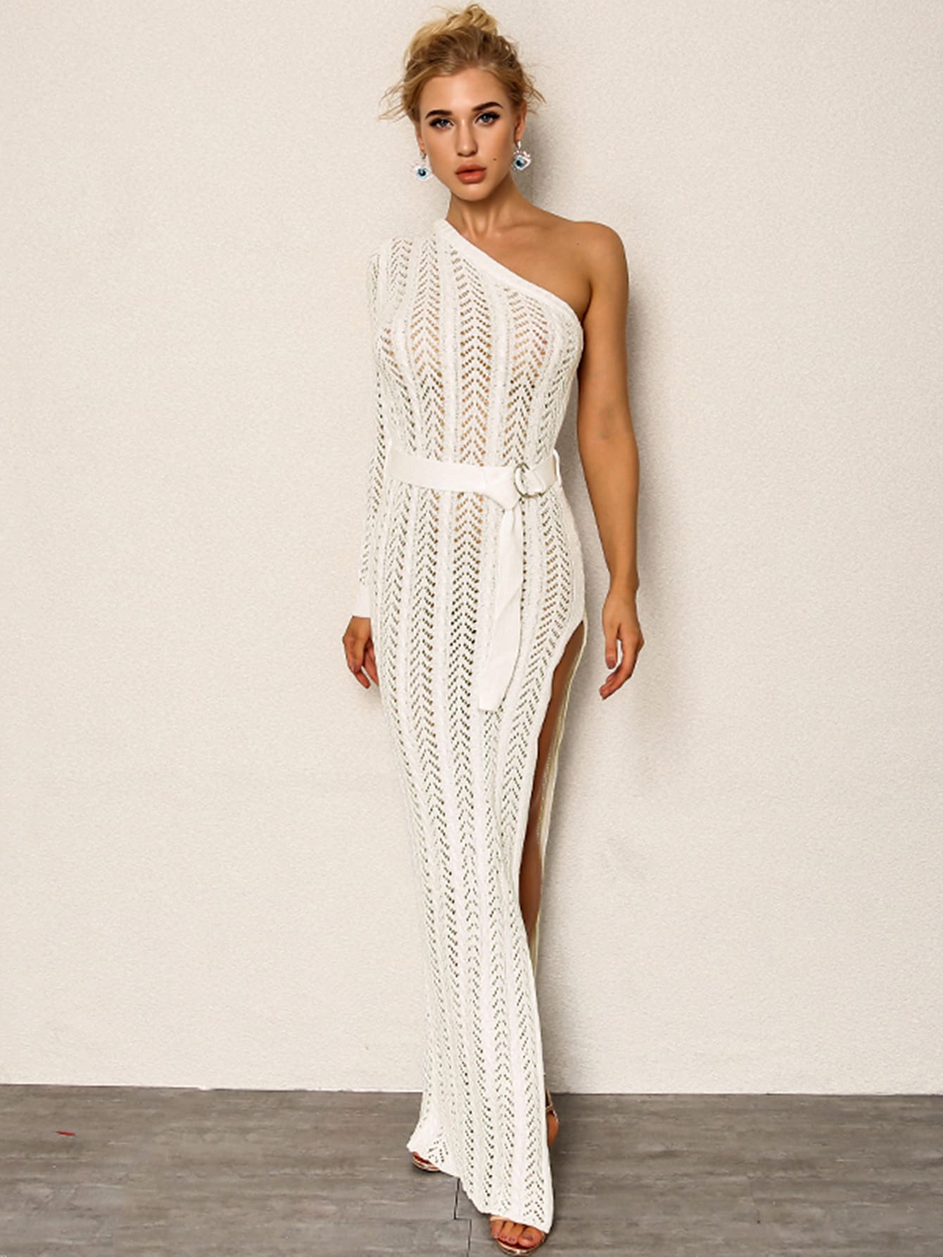 Openwork One-Shoulder Belted Split Dress-White