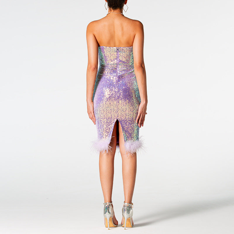 Elegant Sequin Strapless Feather Dress