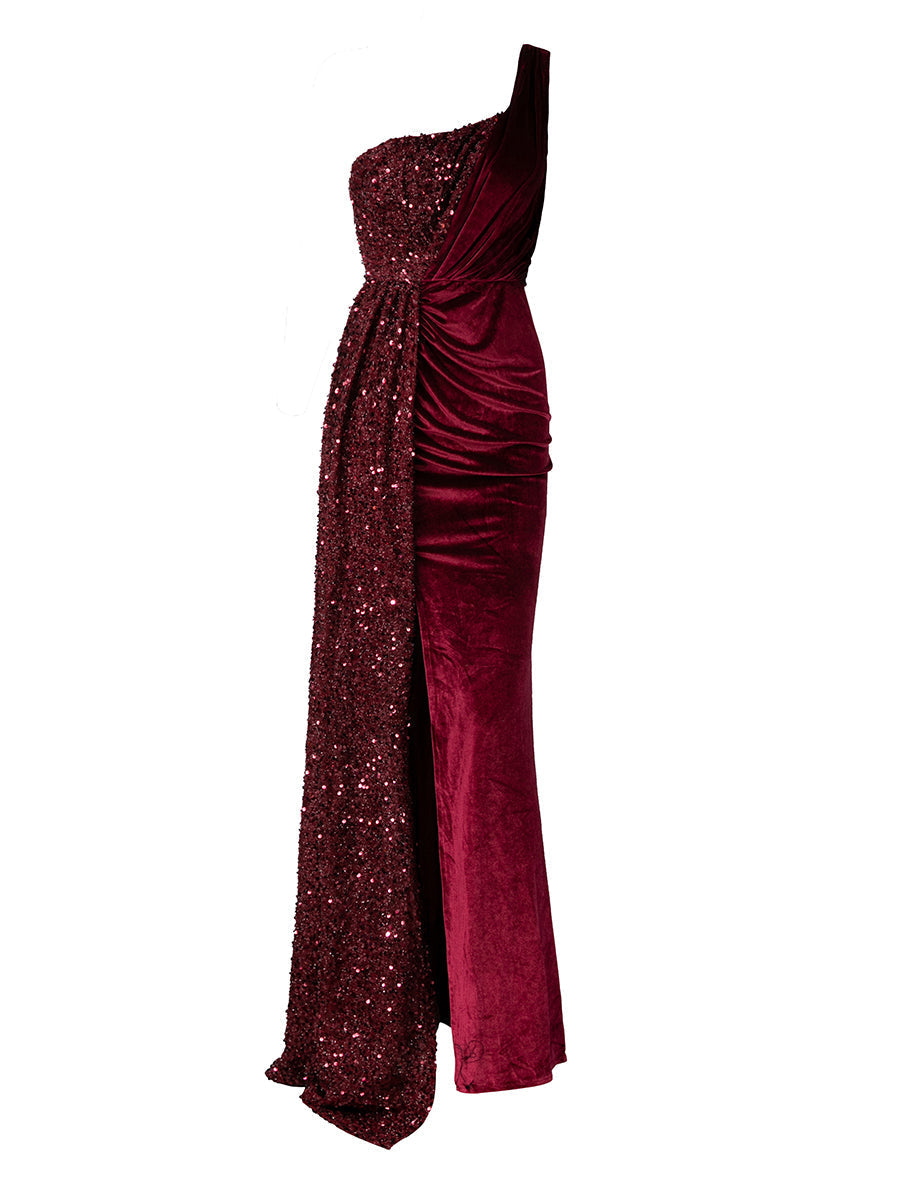 Formal One Shoulder Sequin Wine Dress