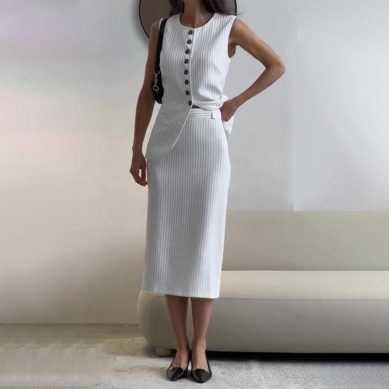 Round-neck Striped Vest High Waist A- Line Skirt Suit