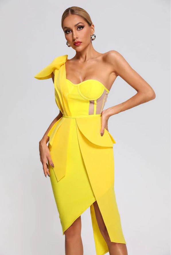 Irregular one-shoulder bow knot Midi Dress