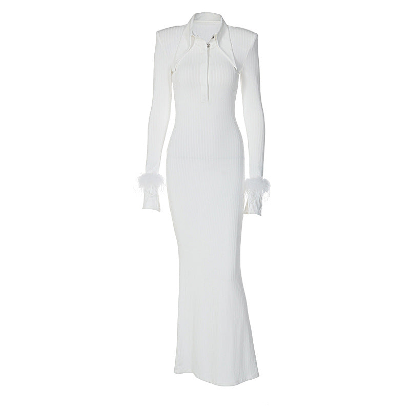 Chic Long Sleeves Collar Feather Cuff Bandage Dress