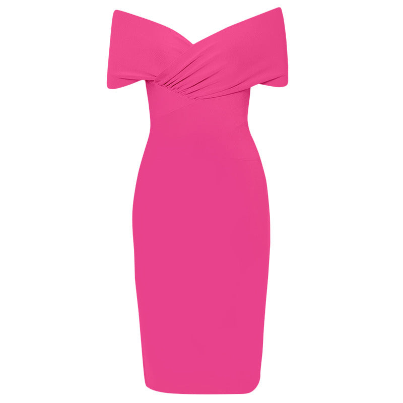 Meiga Off Shoulder Bandage Dress-Rose