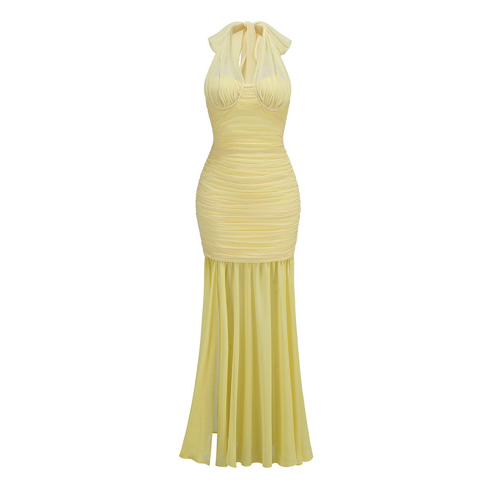 Maliya Halter Mesh Slit Maxi Dress