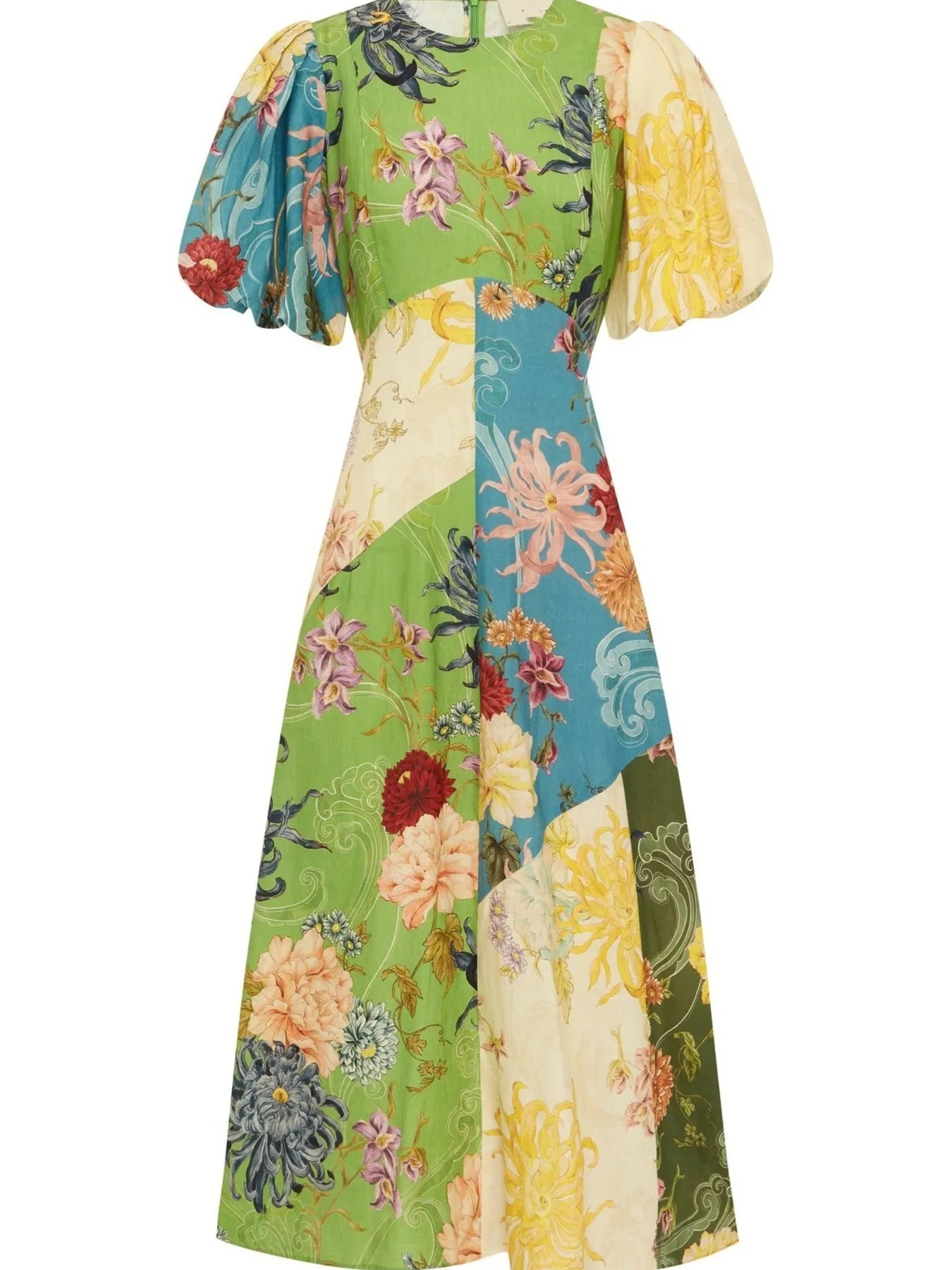 Printed Round Neck Puff Sleeve Dress