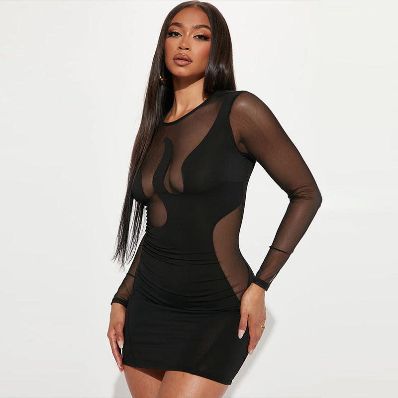 Mesh Stitching Hollow Long Sleeve Dress