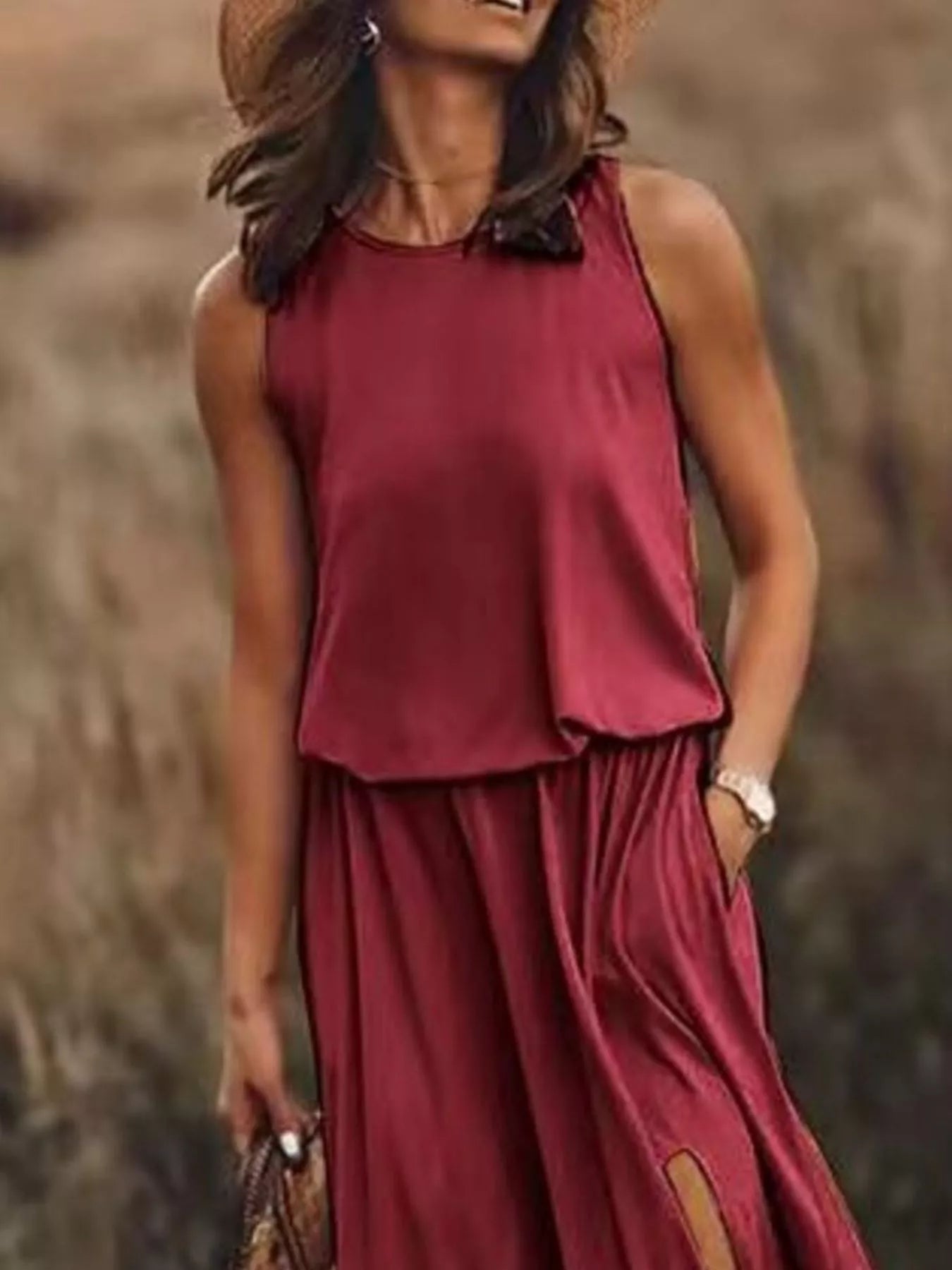 Round Neck Sleeveless Slit Maxi Dress