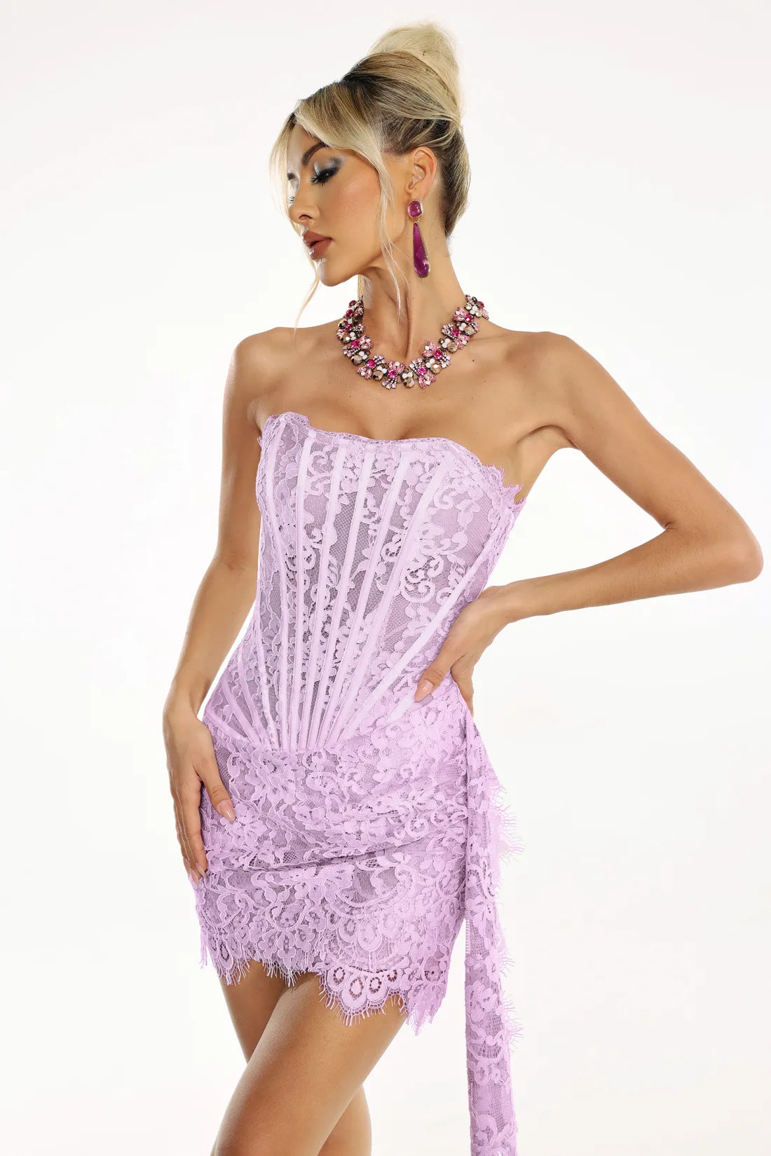 Alyia Lace Ruche Corset Celeb Dress-White