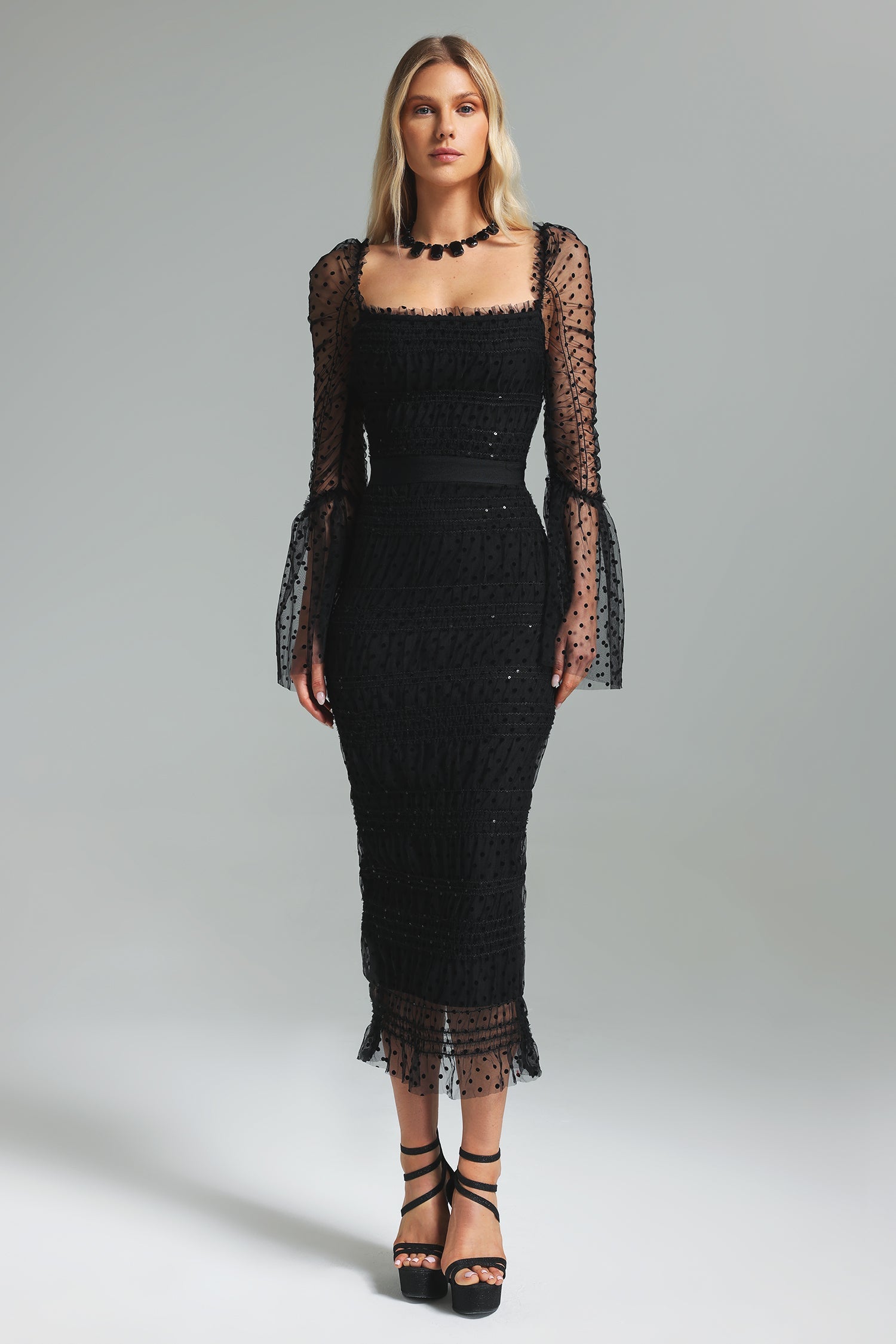 Polka Dot Black Mesh Midi Dress