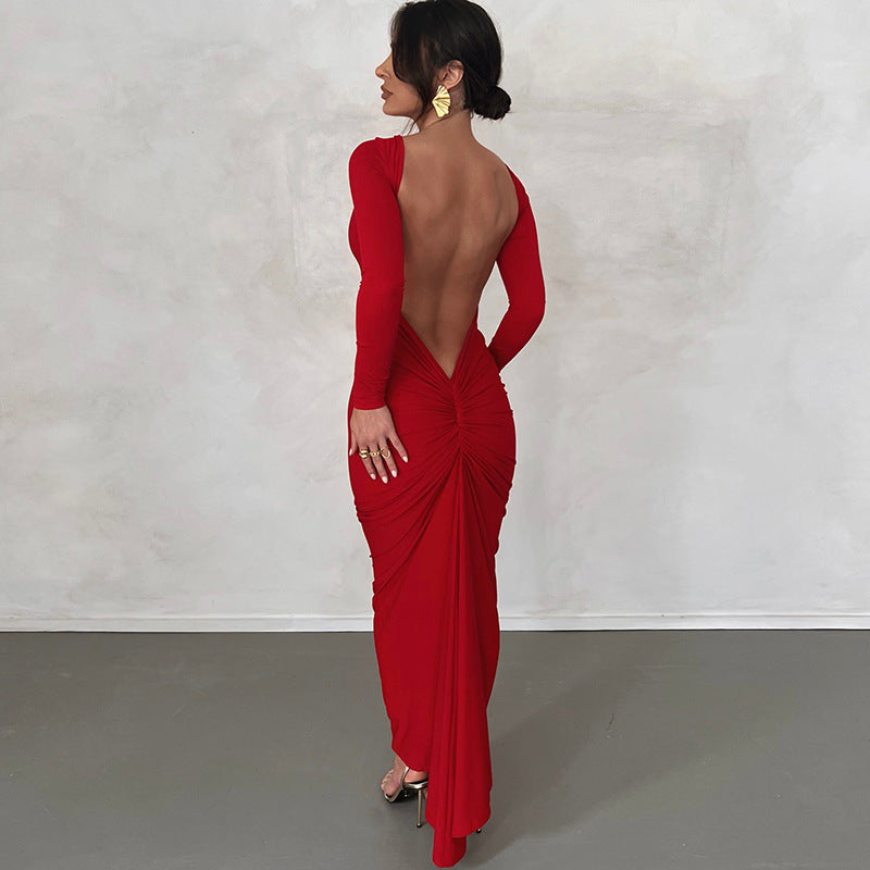 Backless Pleated Long Elegant Slim Dress