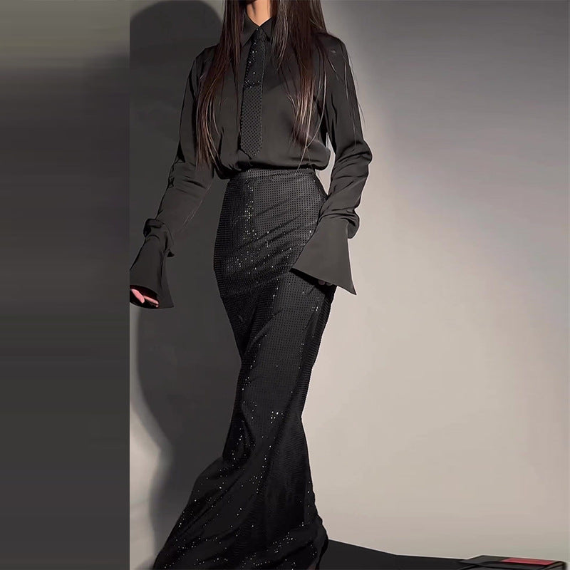 Rhei Diamond Split Wrap Black Set Dress