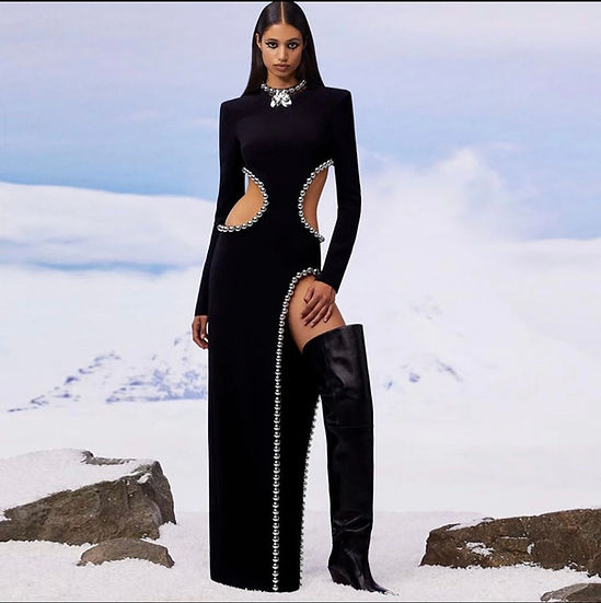 Metal Ball Chain Gown Dress-Black