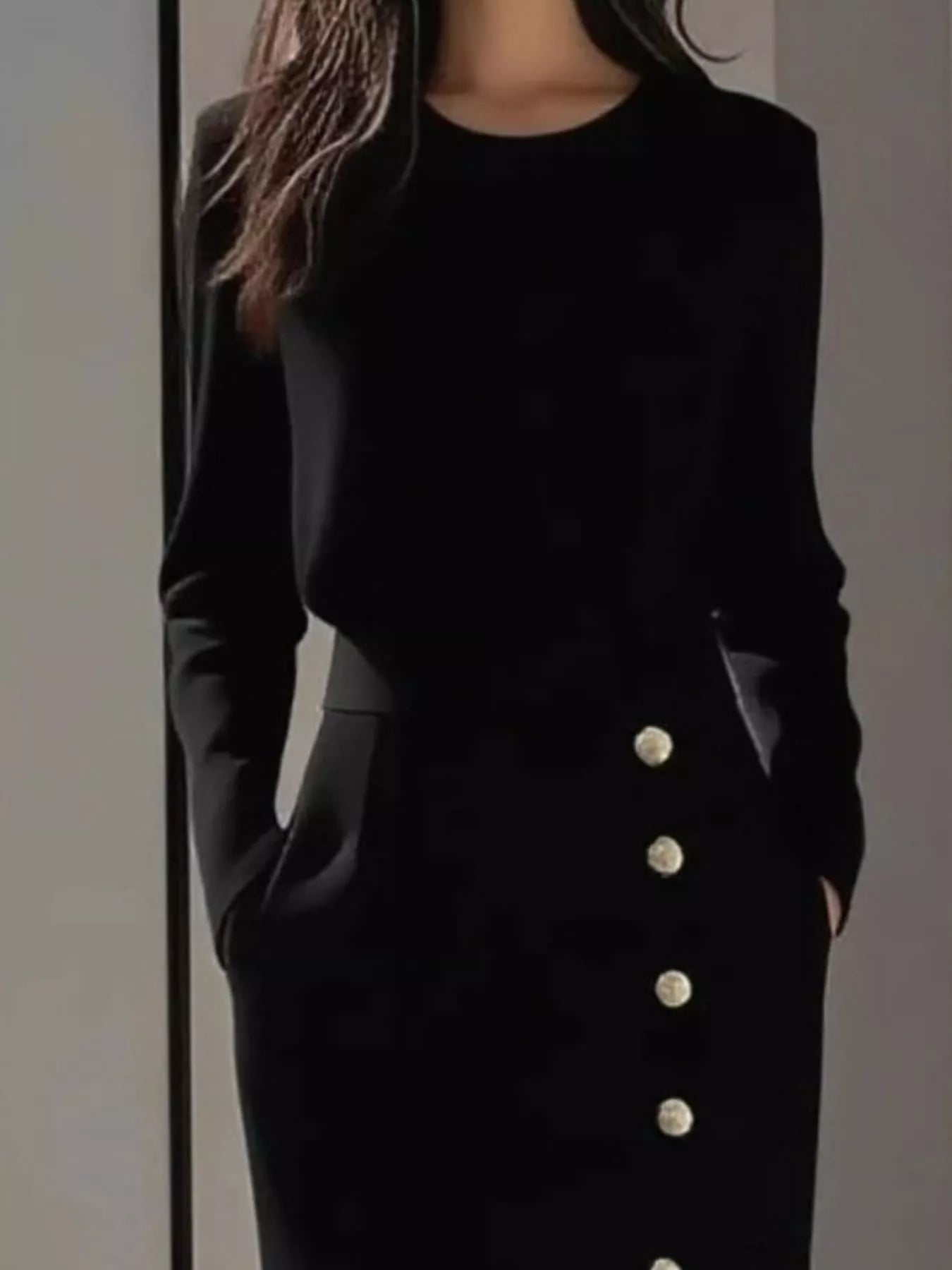 Long Sleeve Button Detail Midi Dress with Side Slit
