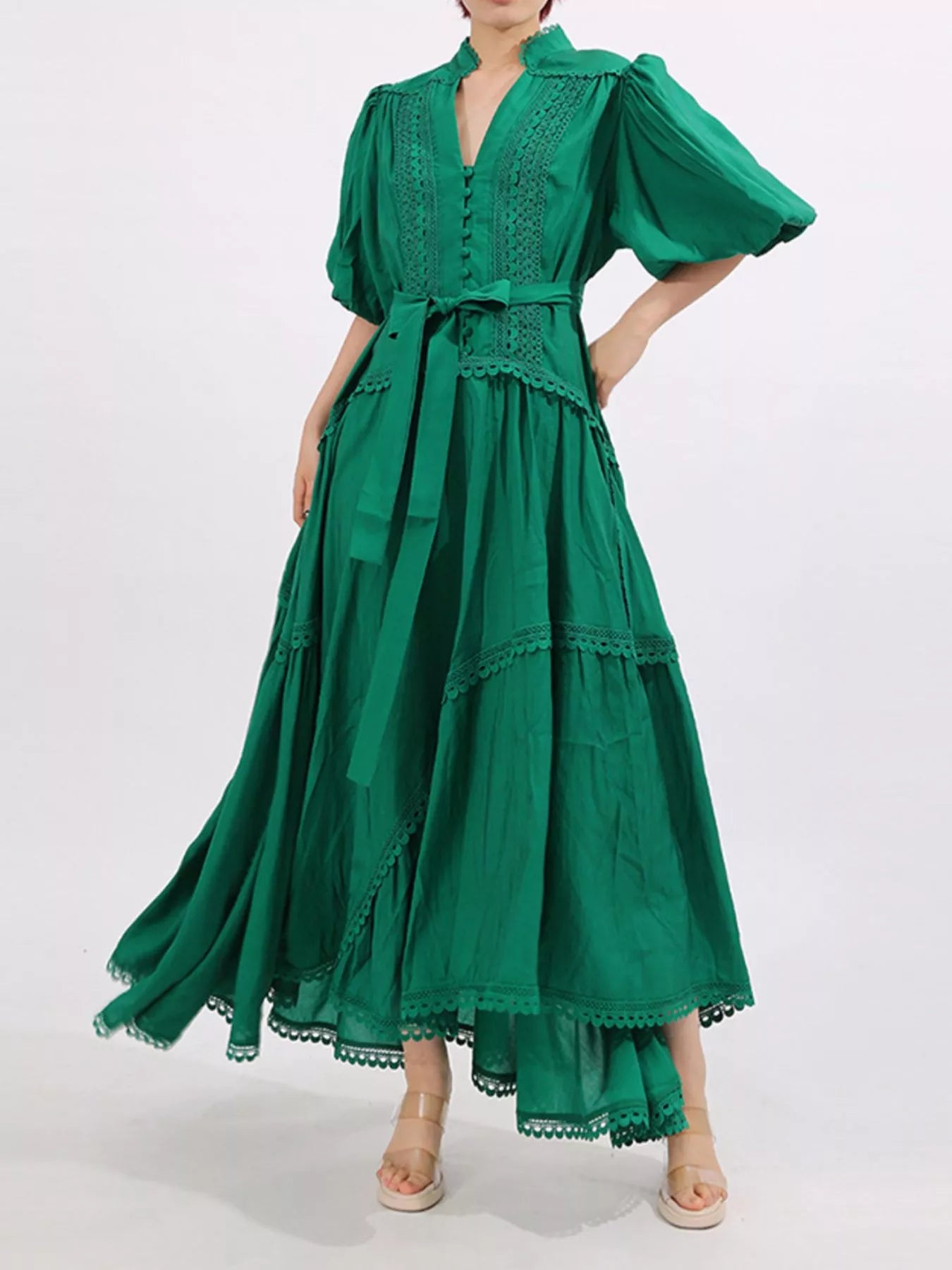 Lace Detail Notched Puff Sleeve Maxi Dress