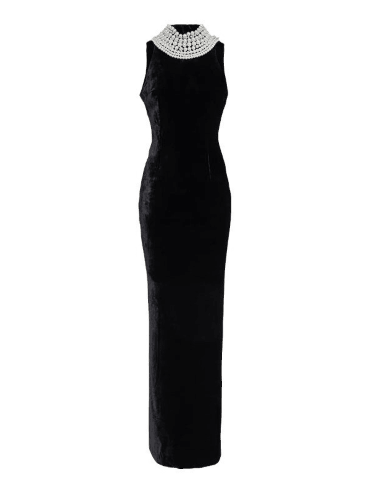 Dustin High Neck Pearl Embellished Maxi Dress showcasing its elegant design and luxurious details, perfect for special occasions.