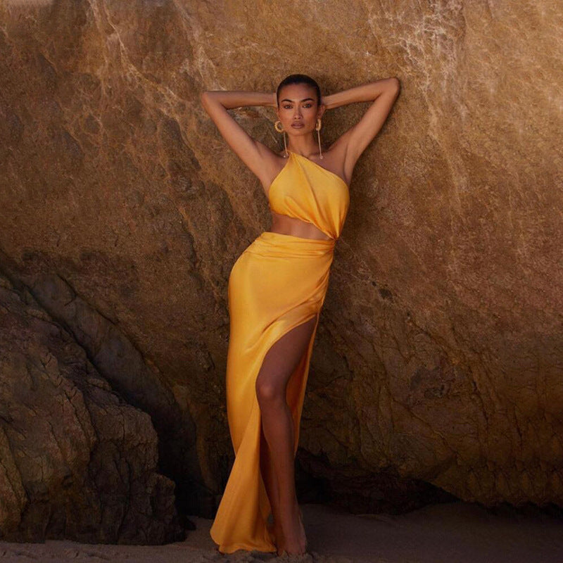 Tara Slant Shoulder High Slit Satin Celeb Dress