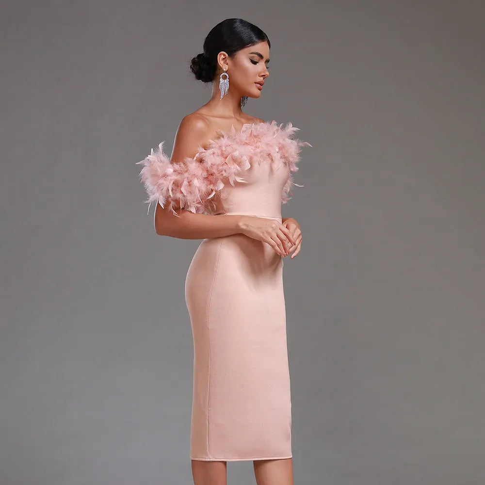 Alyia Off-Shoulder Feather Dress