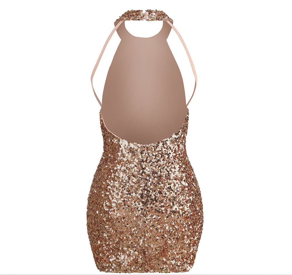 Alyia Halter Sequins Backless Mini Party Dress-Gold