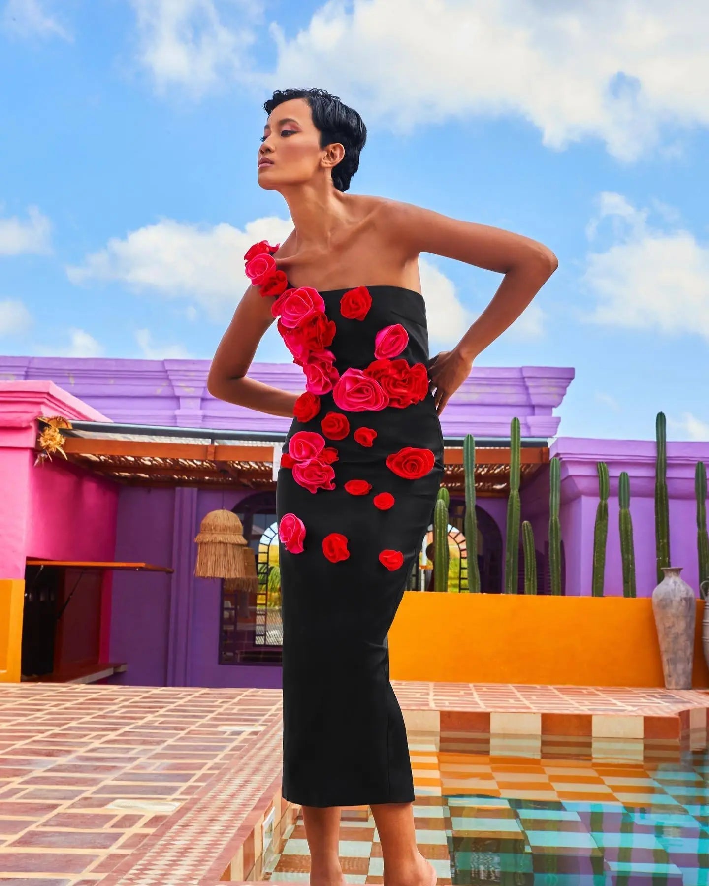 Alyia One Shoulder Red Rose Mid Dress