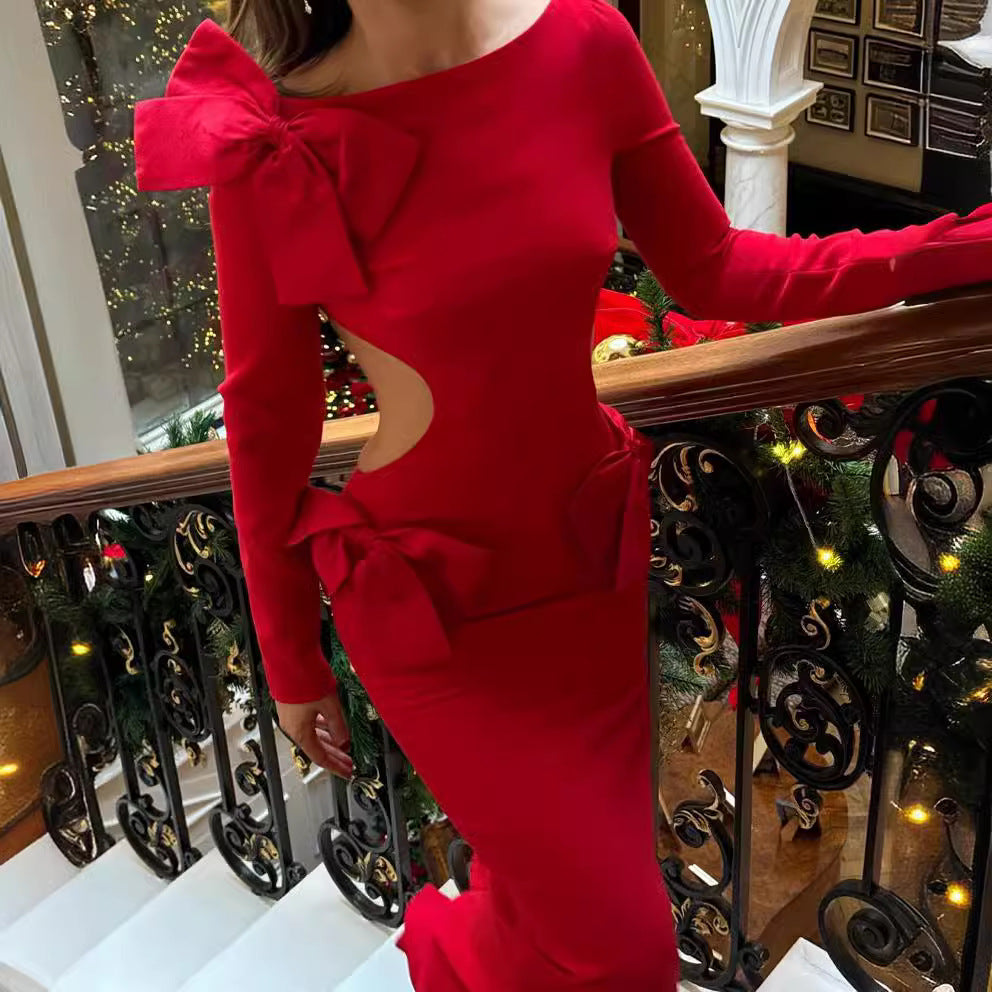AEILA BOW BACKLESS SPLIT DRESS-RED