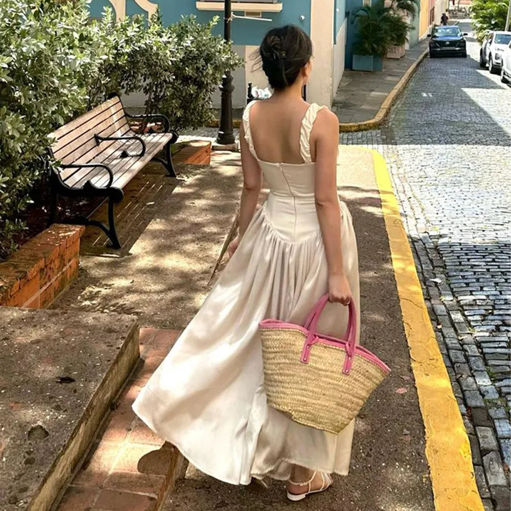 Riola Egg White Satin Drop Waist Maxi Sundress