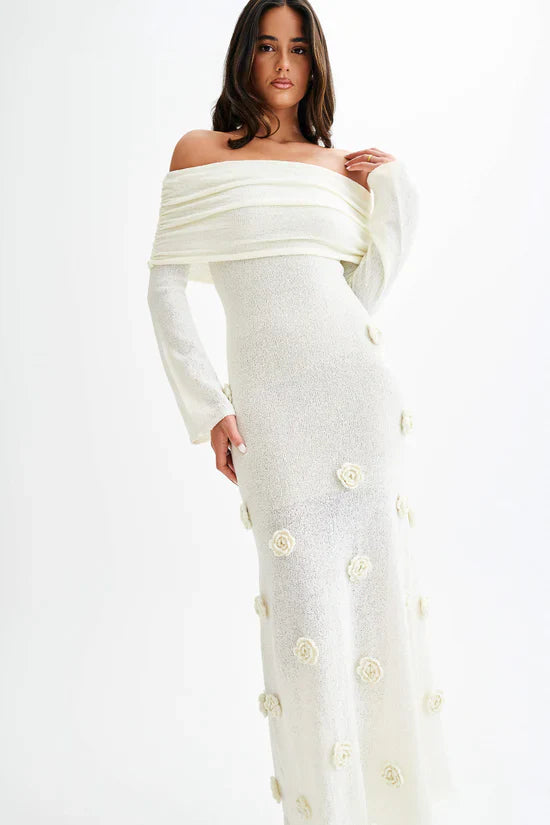 Karika Off Shoulder Knit Rose Maxi Dress