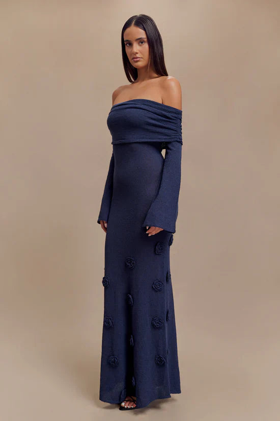 Karika Off Shoulder Knit Rose Maxi Dress