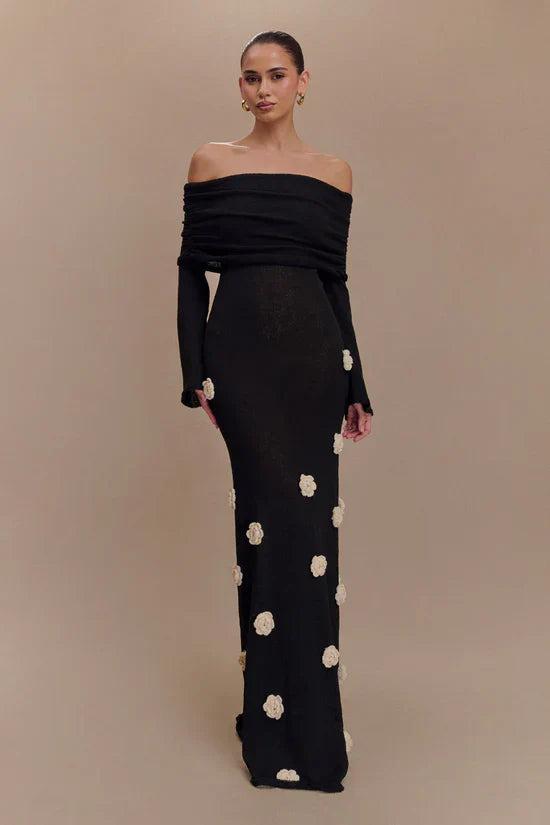 Karika Off Shoulder Knit Rose Maxi Dress