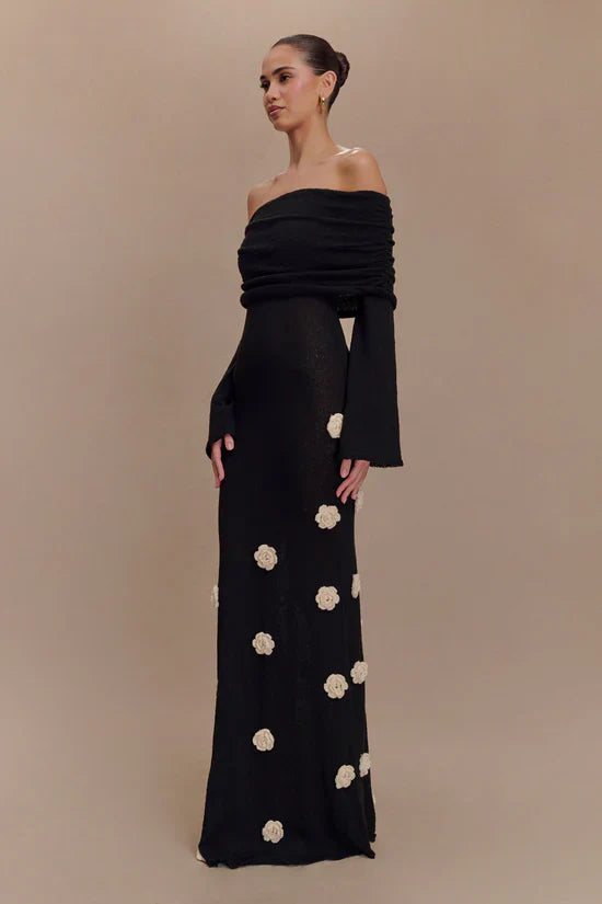 Karika Off Shoulder Knit Rose Maxi Dress